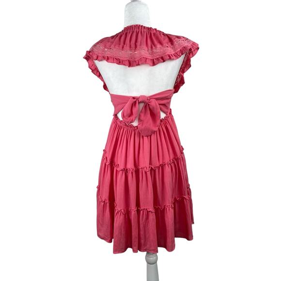 Lush Pink Blossom Lace Tie Back Square Neck Tiered Sleeveless Mini Dress SM NWT - Picture 2 of 12